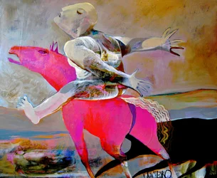 Surrealistisk ryttare på rosa häst