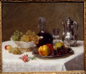 Bordshörna Stilleben av frukt (druvor, kvitten och päron), bestick och vinkanna. Målning av Victoria Dubourg (1840-1926) 1900-talet sön. 0,52x0,63 m Grenoble, Musee des Beaux Arts