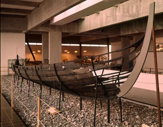 Vikingaskepp (drakskepp eller langskepp) funnet i Roskildefjorden, Danmark, ca 1030 (ek, tall, ask och al)