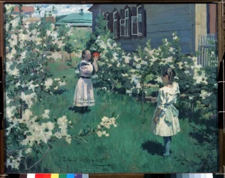 ""Fleurs de mai"" (maj blommor) Små flickor som spelar boll i en blomsterträdgård på våren. Målning av Viktor Elpidiforovich Borisov-Musatov (1870-1905) 1894 State Tretyakov Gallery, Moskva