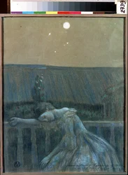 ""Sorgen"" (Sorrow) En desperat ung flicka lutad mot ett räcke. Akvarell och pastell av Viktor (Victor) Elpidiforovich Borisov-Musatov (Borisov Musatov) (1870-1905) (symbolism) 1903 Statens museum för historia och konst Serpukhov (Serpukhov).