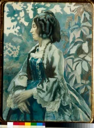 Porträtt av en kvinna, slutna ögon, fundersam, iklädd en krinolinklänning - Konstverk av Viktor (Victor) Elpidiforovich Borisov-Musatov (Borisov Musatov) (1870-1905)