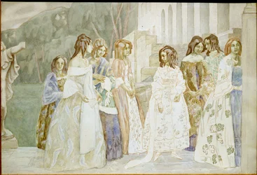Requiem: unga kvinnor i krinolinklänningar samtalar i en trädgård - Verk av Viktor (Victor) Elpidiforovich Borisov-Musatov (Borisov Musatov) (1870-1905)
