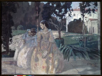 Gobeläng. Två eleganta unga kvinnor går i trädgården på en rik egendom. Målning av Viktor (Victor) Elpidiforovich Borisov Musatov (Borisov-Musatov) (1870-1905). tempera på duk