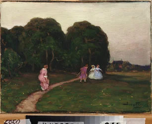 I trädgården. Målning av Viktor Ivanovich Zarubin (Victor Zaroubine eller Zaroubin) (1866-1928), olja på duk. rysk konst