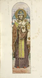 Saint Nikita, biskop av Novgorod Studerar fresker i St Vladimirs katedral i Kiev, 1884-1889