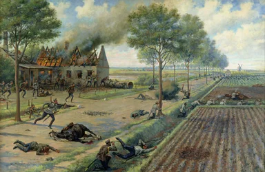 Det ryska kavalleriet slåss mot tyskarna i en by 1915, ca 1915-16 (olja på duk)
