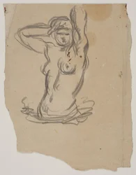 Kvinnlig figur, halvlång, ordnar håret
