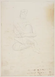 Sittande naken kvinna, framifrån, armarna runt upphöjda knä