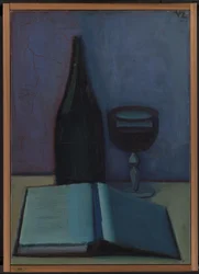 Stilleben med en bok, ett glas och en flaska