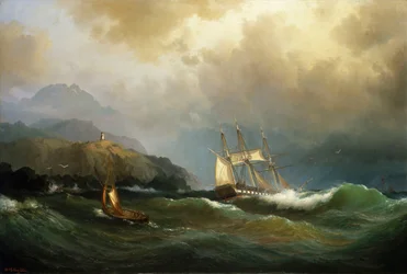 En fregatt som klöser sig loss från en klippig kust