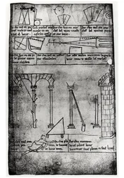 Ms.Fr.19093 fol.20v Geometriska figurer för konstruktion, bågar och människa som mäter höjden på ett torn (faksimilkopia)