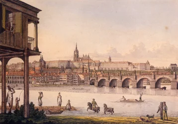 Utsikt över de små kvarteren och Pragborgen Hradcany från Papoueks bad, 1825 (färgad etsning)