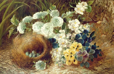 Ett stilleben av blommor och ett fågelbo på en mossig bank