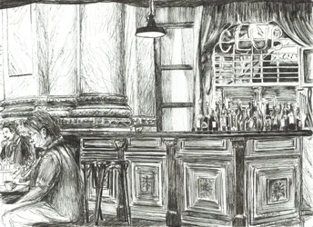 Café på Royal Exchange, Manchester, 2011, (bläck på papper)