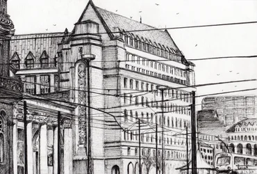 Manchester Town Hall, 2007, (bläck på papper)