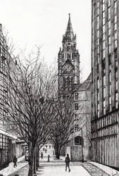 Manchester Town Hall från Deansgate, 2007, (bläck på papper)