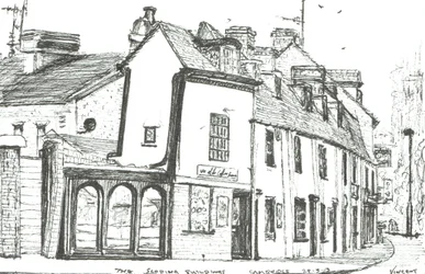 Sluttande byggnader Cambridge, 2003, (Bläck på papper)