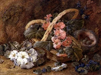 Ett fågelbo och en korg med blommor (akvarell)