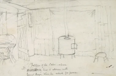 Interiör av hytten där Black Kettle hade sin interim med general Hazen när han bad om fred, 1869-71