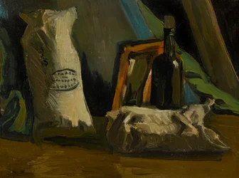 Stilleben med en flaska och två påsar, 1884.