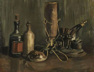Stilleben med flaskor och skal, 1884.