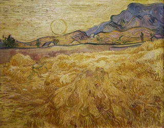 Vetefält med skördare och sol, 1889