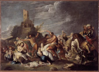 Barnamordet. Målning av Vincent Malo (ca. 1600-1650), 1634. Från Oratorio San Silvestro, Genua, Musei di Strada Nuova, tidigare Palazzo Bianco, Genua