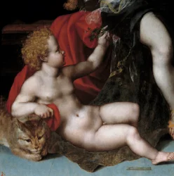 Jupiter i satyr med Antiope och hennes detaljtvillingar som representerar en av tvillingarna med en katt. Målning av Vincent Sellaer (cirka 1500-1589) 1500-talet.