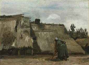 En bondkvinna som gräver framför sin stuga, ca. 1885.