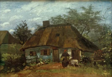 Bondgård och kvinna med get