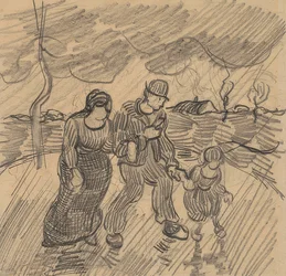 Par med barn på en gata i regnet. 1890