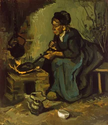 Bondekvinna lagar mat vid en öppen spis, 1885