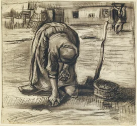 Bondekvinna som planterar potatis, ca 1885 (svart krita & kol på papper)