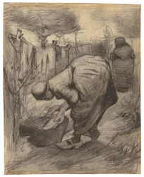 Bonde med tvättställ i en trädgård; Bondekvinna med handfat i en trädgård, 1885