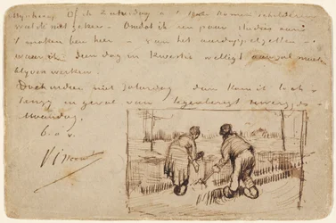 Vykort med två bönder som gräver, 1885 (penna och brunt bläck på ett vykort)