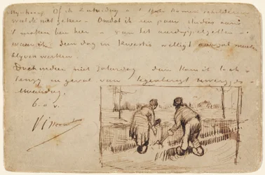 Vykort med två bönder som gräver, 1885.