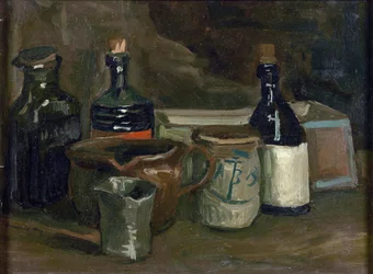 Stilleben med flaskor och keramik. Storlek: 31,5 x 41,8