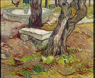 Parken i Saint Paul asyl (Saint Paul) i Saint-Remy (Saint Remy) eller Bench de Pierre. Målning av Vincent Van Gogh (1853-1890)