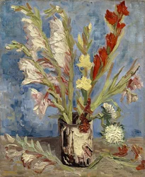 Vas med gladiolus och kinesiska astrar