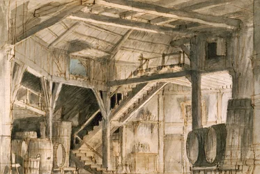 Scenografi av Francesco Bagnara, för Norma, opera av Vincenzo Bellini (1801-1835), framförd på teatern La Fenice i Venedig
