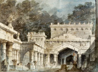 Scenografi av Francesco Bagnara för den femte scenen av Norma, opera av Vincenzo Bellini (1801-1835), framförd på teatern La Fenice i Venedig