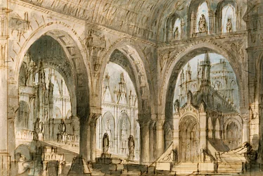 Scenografi av Francesco Bagnara för den fjärde scenen av Capuleti och Montecchi, opera av Vincenzo Bellini (1801-1835), uppförd på La Fenice Theatre i Venedig