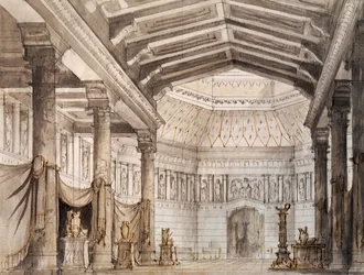 Scenografi av Francesco Bagnara för andra scen av Norma, opera av Vincenzo Bellini (1801-1835), framförd på teatern La Fenice i Venedig