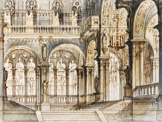 Scenografi av Francesco Bagnara för tredje scenen av Capuleti och Montague, opera av Vincenzo Bellini (1801-1835), framförd på La Fenice Theatre i Venedig