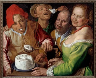 Ricotta Eaters Karaktärer med uttrycksfulla och groteska ansikten som äter ost med en slev. Målning av Vincenzo Campi (1536-1591)