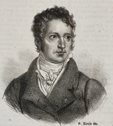 Porträtt av Vincenzo Camuccini (1771-1844), italiensk målare och restauratör, litografi av Gaetano Riccio från Poliorama Pittoresco, n 16, 23 november