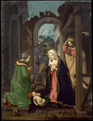 Födelsekyrkan med den heliga Katarina. Jesusbarnets tillbedjan med Madonnan, Sankt Josef och Sankta Katarina, ca 1495 (olja på pannå)