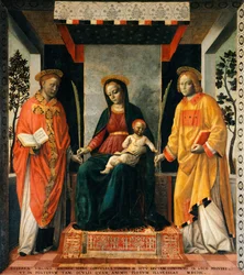 Madonna och barn mellan St Faustinus och St Jovita, av Vincenzo Foppa (ca 1427-ca 1515), Tempera på duk, 205x226 cm