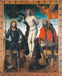 St Sebastian, St Rocco och St Giorgio, baksidan av processionsbanern Orzinuovi, av Vincenzo Foppa (ca1427 - ca1515), målning på duk.